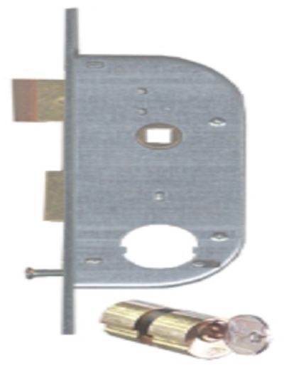 serrature m.g. art.149 per porte in ferro - impennata, catenaccio e scrocco reversibile, quadro maniglia mm.8, 2 mandate, entrata mm.32, cilindro diametro mm.26 sfilabile. MG 149.32.0 MG
